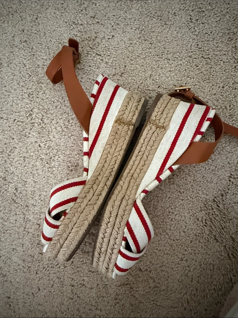 Tory Burch Red and White Striped Espadrille Wedge Sandals with Tan Ankle Strap